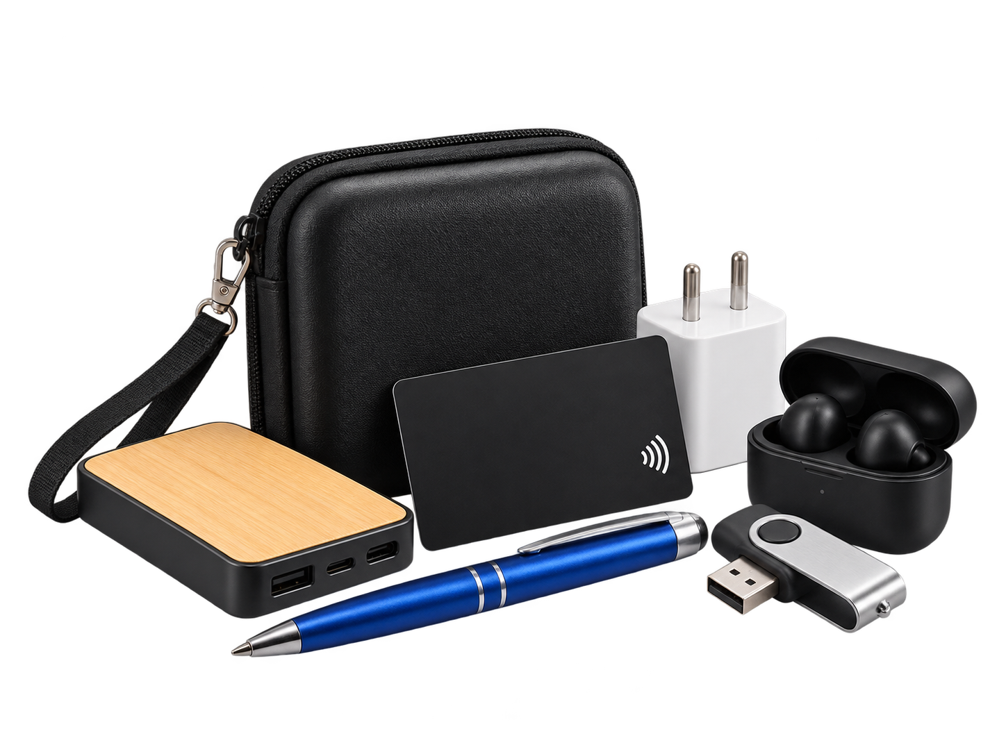 Conjunto de productos pequeños: audífonos, power bank, lapiceros, USB