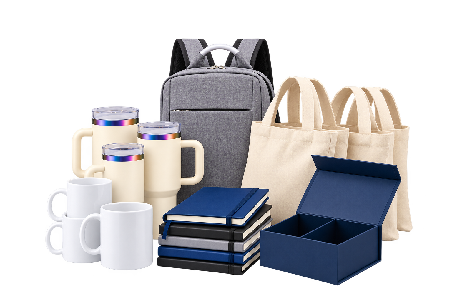 Conjunto de productos voluminosos: mochilas, tote bags, polos, gorras