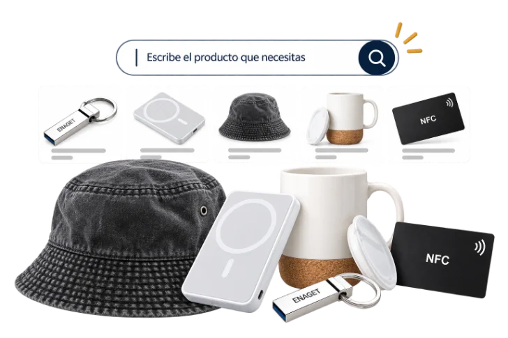 Búsqueda de productos: gorro, power bank, taza, llavero y tarjetas NFC
